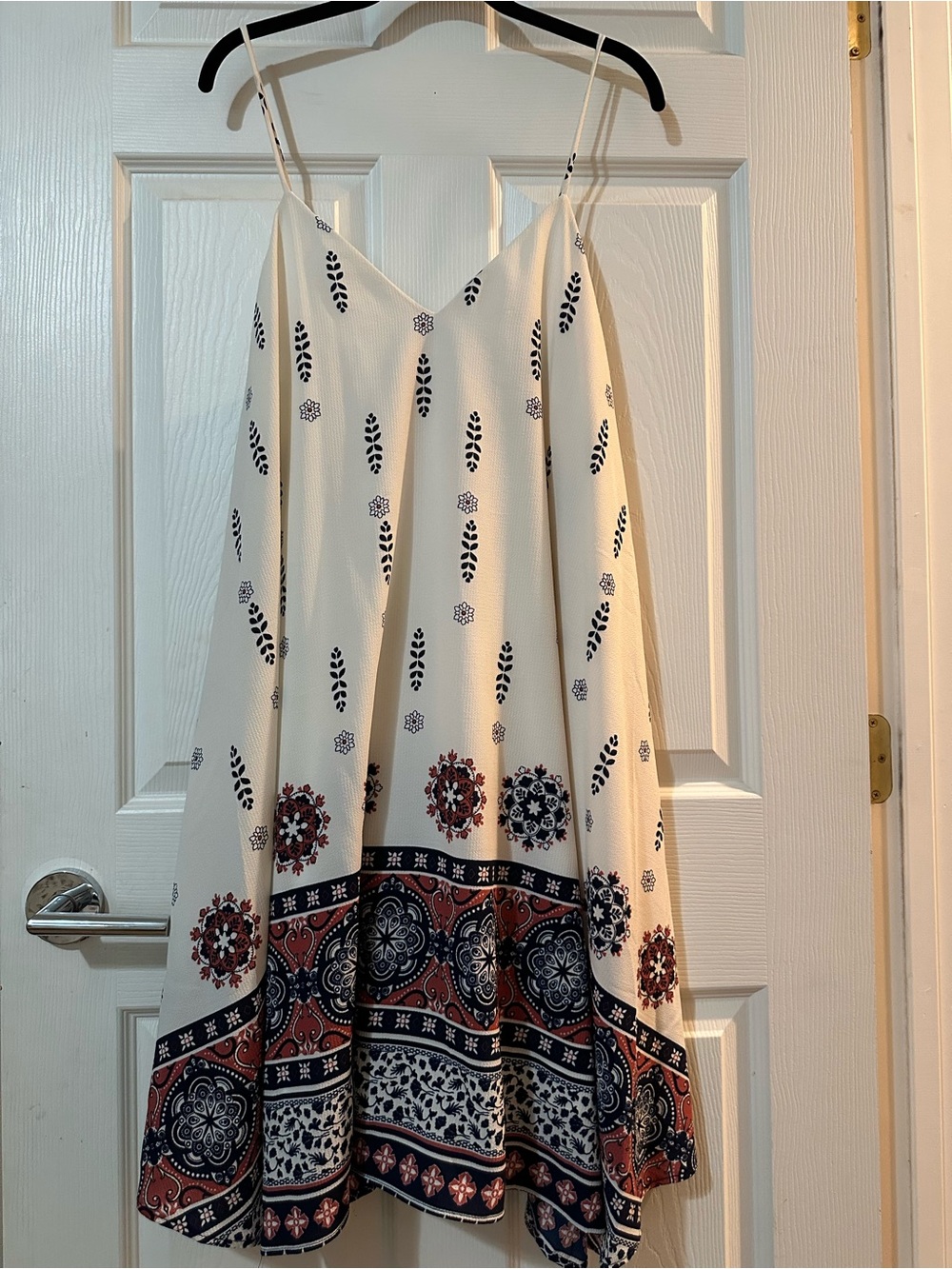 Ivory Bohemian Mini Dress with Navy & Rust Print